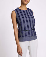 CATERINA Sleeveless Top with Zipper Detail in Stripe Fringed Denim