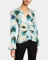 RUBY Long Sleeve Blouse with Cinched Waist in Abstract Floral Print
