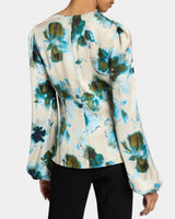 RUBY Long Sleeve Blouse with Cinched Waist in Abstract Floral Print