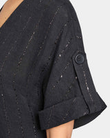 SERAFINA Midi A-Line Shift Dress in Metallic Striped Linen