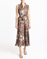 NIRVA Sleeveless Ruffle-Neck Midi Dress in Abstract Floral Silk