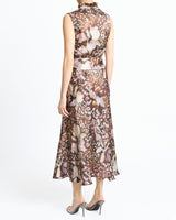 NIRVA Sleeveless Ruffle-Neck Midi Dress in Abstract Floral Silk