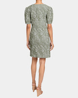 BIANCA A-Line Shift Dress with Puff Sleeves in Abstract Stretch Cotton Cloque