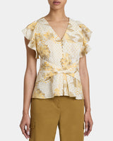 ELLA Flutter Sleeve Buttoned Blouse with Waist Panel in Floral Printed Cotton Cloque