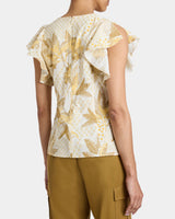 ELLA Flutter Sleeve Buttoned Blouse with Waist Panel in Floral Printed Cotton Cloque