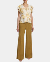 ELLA Flutter Sleeve Buttoned Blouse with Waist Panel in Floral Printed Cotton Cloque