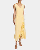 EMERSON Sleeveless Silk Midi Dress with Skirt Side Cascading Ruffles
