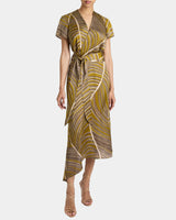 HALEY Cap Sleeve Faux Wrap Hi Lo Midi Dress in Printed Charmeuse