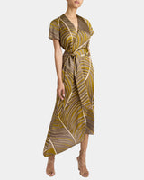 HALEY Cap Sleeve Faux Wrap Hi Lo Midi Dress in Printed Charmeuse