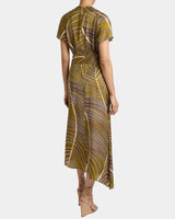 HALEY Cap Sleeve Faux Wrap Hi Lo Midi Dress in Printed Charmeuse