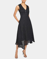 NIA Midi Dress in Metallic Stripe in Lightweight Linen
