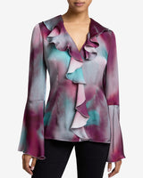 SYDNEY Long Sleeve Ruffle Blouse in Graphic Printed Matte Charmeuse