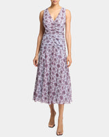 EDEN Midi Dress with Center Ruching in Geometric Printed Georgette