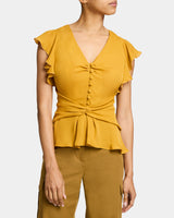 ELLA Flutter Sleeve Buttoned Blouse with Waist Panel in Silk Georgette