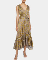 LANITA Sleeveless Fit and Flare Hi Lo Dress in Botanical Printed Charmeuse