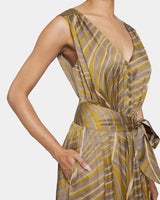 LANITA Sleeveless Fit and Flare Hi Lo Dress in Botanical Printed Charmeuse