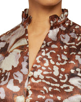 NIRVA Sleeveless Ruffle-Neck Midi Dress in Abstract Floral Silk