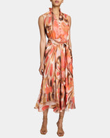 NIRVA Sleeveless Ruffle-Neck Midi Dress in Abstract Printed Georgette