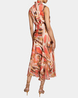 NIRVA Sleeveless Ruffle-Neck Midi Dress in Abstract Printed Georgette