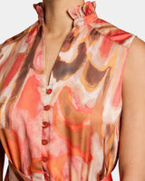 NIRVA Sleeveless Ruffle-Neck Midi Dress in Abstract Printed Georgette