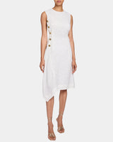 BECCA Sleeveless Asymmetric Sheath Dress in Striped Linen