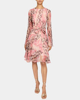 RONI Long Sleeve Fit and Flare Dress in Printed Silk Chiffon