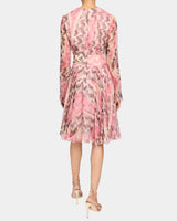 RONI Long Sleeve Fit and Flare Dress in Printed Silk Chiffon