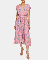 TALIA Cap Sleeve Midi Dress in Stretch Floral Print