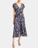 TALIA Cap Sleeve Midi Dress in Stretch Floral Print