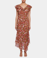 LAUREL Flutter Cap Sleeve Midi Dress in Floral Crinkle Georgette with Lurex