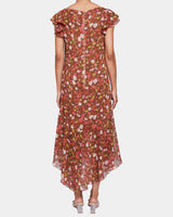 LAUREL Flutter Cap Sleeve Midi Dress in Floral Crinkle Georgette with Lurex