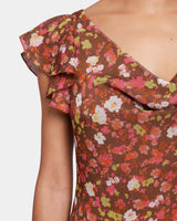LAUREL Flutter Cap Sleeve Midi Dress in Floral Crinkle Georgette with Lurex