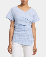 MURPHY Short Sleeve Wrap Top with Asymmetric Tucked Snap Closure in Irregular Striped Cotton Cloque