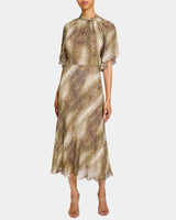 NIKI Mock Neck Midi Dress with Short Cape Sleeves in Printed Georgette