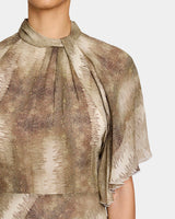 NIKI Mock Neck Midi Dress with Short Cape Sleeves in Printed Georgette