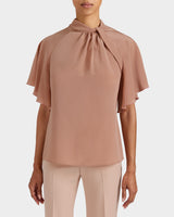 JOYCE Silk Mock Neck Blouse with Short Cape Sleeves