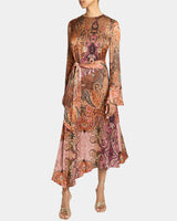 RACHEL Long Sleeve Asymmetric Midi Dress in Printed Charmeuse