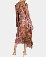 RACHEL Long Sleeve Asymmetric Midi Dress in Printed Charmeuse