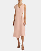 URSA Sleeveless Faux Wrap Dress with Metal Buckle in Stretch Crepe