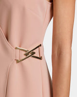 URSA Sleeveless Faux Wrap Dress with Metal Buckle in Stretch Crepe