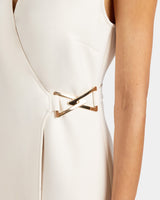 URSA Sleeveless Faux Wrap Dress with Metal Buckle in Stretch Crepe.