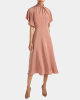NIKI Silk Mock Neck Midi Dress with Short Cape Sleeves