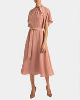 NIKI Silk Mock Neck Midi Dress with Short Cape Sleeves