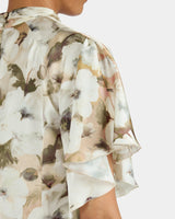 JOYCE Mock Neck Blouse with Short Cape Sleeves in Floral Georgette