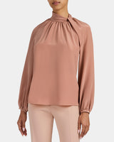 DAKOTA Silk Mock Neck Blouse with Long Lantern Sleeves