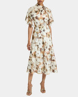NIKI Mock Neck Midi Dress with Short Cape Sleeves in Floral Georgette