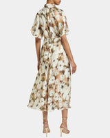 NIKI Mock Neck Midi Dress with Short Cape Sleeves in Floral Georgette