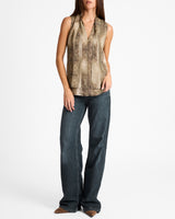 TECA Sleeveless Tie Neck Blouse in Animal Printed Georgette