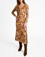 PIPER Long Sleeve Cowl Neck Dress in Floral Crepe