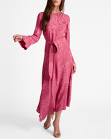 RACHEL Long Sleeve Asymmetric Midi Dress in Floral Jacquard